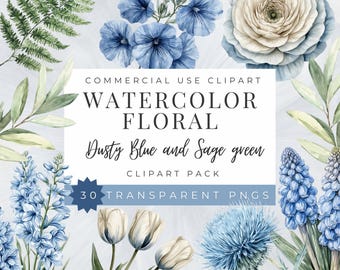 Dusty Blue Sage Green Floral Clipart – Watercolor Wedding PNG Bundle – 30 Botanical Elements