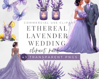 Ätherischer Lavendel Hochzeit Clipart - Bundle - 43 Floral & Braut Clipart | Digitale PNG | Weiche Aquarell Illustration | Kommerzielle Nutzung