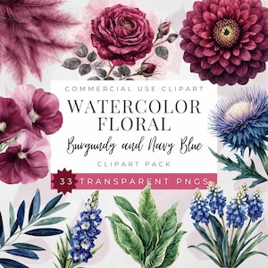 Watercolor Floral | Burgundy & Navy Fall Wedding  Clipart – 33 PNG Floral Elements – Autumn Flowers, Anemones,  PNG Set