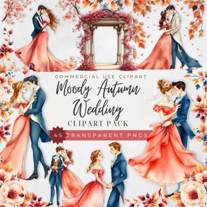 Moody Autumn Wedding Clipart – 45 Rococo Watercolor PNGs | Burgundy Navy Copper Florals | Fall Wedding Illustration Set
