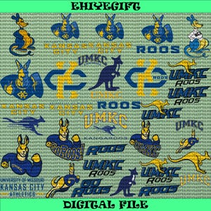 May include: A digital file featuring a repeating pattern of UMKC Roos logos and kangaroo illustrations in blue, gold, and white. The text includes "UMKC", "Roos", and "Kansas City". The file also includes the text "DIGITAL FILE".