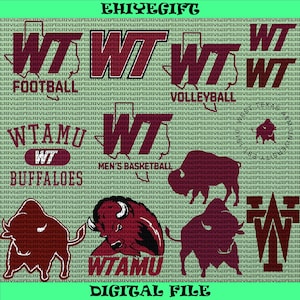 May include: Digital file featuring maroon and white WT logos, buffalo illustrations, and text including "FOOTBALL", "VOLLEYBALL", "BUFFALOES", and "MEN'S BASKETBALL". The background is a repeating pattern.