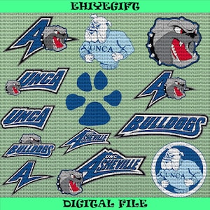 Könnte beinhalten: Eine digitale Datei mit verschiedenen Designs der UNC Asheville Bulldogs. Die Designs umfassen das Teamlogo, Pfotenabdrücke und Text wie "UNC Asheville" und "Bulldogs" in Blau und Weiß. Die Datei enthält auch den Text "DIGITAL FILE".