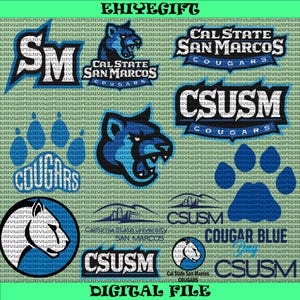 Könnte beinhalten: Eine Sammlung digitaler Grafiken mit dem Text "CSUSM" und "Cal State San Marcos Cougars" in verschiedenen Designs. Enthält Grafiken von Cougar-Kopf und Pfotenabdruck in Blau und Weiß. Der Text "DIGITAL FILE" ist ebenfalls vorhanden.