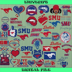 Könnte beinhalten: Eine digitale Datei mit einem sich wiederholenden Muster aus roten, weißen und blauen SMU Mustangs Logos und Grafiken. Enthält Herzen, Mustangs, Lippen und den Text "DIGITAL FILE".