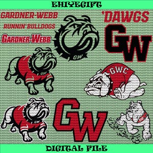 May include: Digital file featuring multiple Gardner-Webb Bulldogs graphics. Includes text that reads "Gardner-Webb", "Runnin' Bulldogs", and "Dawgs". The graphics include bulldog illustrations and the letters "GW" in various styles, all in red and black.