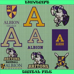Könnte beinhalten: Eine digitale Datei mit Albion College-Grafiken. Enthält den Buchstaben "A" in Gold und Lila, das Albion College-Schild und Baseballspieler-Illustrationen. Der Text enthält "Albion College", "Britons" und "Digital File".