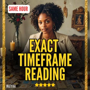 Könnte beinhalten: Das Bild zeigt eine Frau mit lockigem Haar und Goldschmuck. Der Text "EXACT TIMEFRAME READING" ist gelb hervorgehoben, mit "SAME HOUR" in einem roten Banner. Tarotkarten sind ebenfalls zu sehen, was auf eine Lesung hindeutet.
