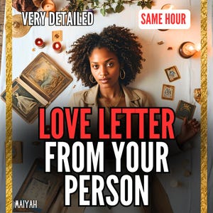 May include: A woman with curly hair, wearing a tan blazer and gold jewellery, is the central figure. The text "LOVE LETTER FROM YOUR PERSON" is displayed. Tarot cards and candles are arranged around her.
