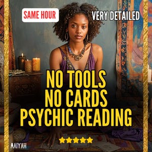 Pode incluir: Imagem de uma mulher com cabelo encaracolado, vestindo um top roxo e um colar. O texto na imagem diz "NO TOOLS NO CARDS PSYCHIC READING" em amarelo, com "SAME HOUR" e "VERY DETAILED" em branco. Cinco estrelas douradas na parte inferior.