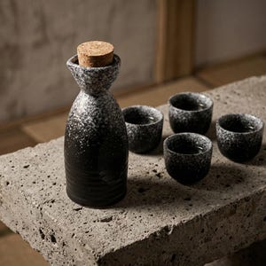 Peut inclure: Un service à saké en céramique noir et blanc avec un bouchon en liège, présentant un motif moucheté. L'ensemble comprend une bouteille et quatre petites tasses assorties, disposées sur une surface en pierre. Le service est pour le saké.