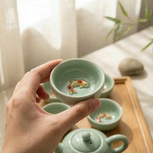 Peut inclure: Service à thé en céramique vert clair comprenant une théière et de petites tasses. Chaque tasse présente un motif de carpe koï en 3D au fond. Les poissons sont jaunes avec des accents rouges. Le service à thé est sur un plateau en bois.