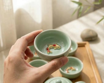 Service à thé artisanal 3D céladon poisson koi