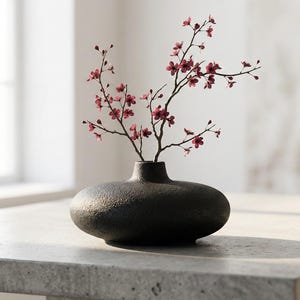 Wabi Sabi Black Ceramic Vase - Minimalist Stone Texture Pottery