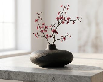 Vase Wabi Sabi en céramique noire - Poterie minimaliste à texture de pierre