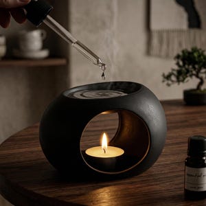 May include: A black essential oil diffuser with a round design and a large circular opening. A lit candle sits inside the opening. A dropper dispenses oil into the diffuser. A small bottle of essential oil sits on the table.