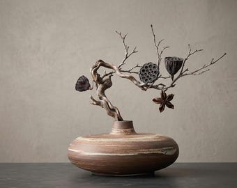 Wabi Sabi Terrakotta Vase - Erdige Streifen Keramik