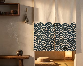 Minimalistischer Japanischer Noren Türvorhang - Indigo Seigaiha Wellenmuster