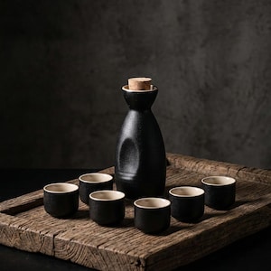 Könnte beinhalten: Ein schwarzes Sake-Set aus Keramik mit einer Flasche und sechs kleinen Tassen. Die Flasche hat einen Korken und eine strukturierte Oberfläche. Die Tassen haben eine schwarze Außenseite und eine cremefarbene Innenseite. Das Set wird auf einem rustikalen Holztablett präsentiert.