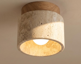 Wabi-Sabi Marmor Deckenleuchte - Japandi Holz & Stein Flurlampe