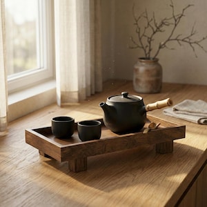 Minimalistisch houten dienblad op sokkel - Japandi Coffee Table Decor