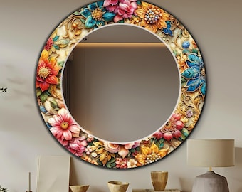 Floral Round Mirror, Colorful Flowers, Abstract Art 3D look Glass Wall Art with Mirror on | a good vibe gift