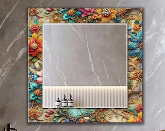 Luxury Floral Wall Mirror, Colorful Abstract Art 3D look Tempered Glass Wall Art with Mirror on | a good vibe gift