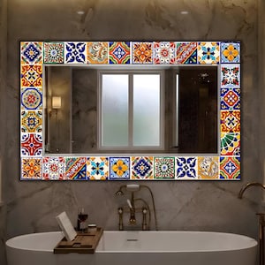 Customizable, Mexican Tile look Bathroom Mirror, Luxury Framing, Floral Abstract Large Glass Wall Art Mirror | glass-made, flat surface