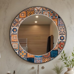 Espejo de pared personalizable, espejo grande con aspecto de mosaico floral de azulejos marrones / espejo artístico de vidrio con aspecto de azulejos de cerámica, espejo grande