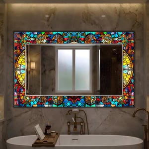 Aanpasbare grote spiegel, luxe grote badkamerspiegel, glas-in-loodlook, kleurrijke abstracte glazen wandspiegel | Platte glaskunst met spiegel