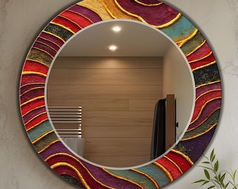 Round Mirror, Colorful Random Abstract Glass Art with Mirror, Vivid Home Decor | Wall Art with Mirror on, For Entryway Hallway