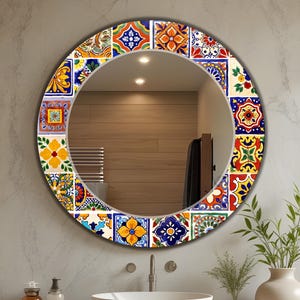 Customizable, Mexican Tile Pattern Round Mirror, Luxury Framing, Floral Abstract Large Glass Wall Art Mirror | 100% glass-made, flat surface