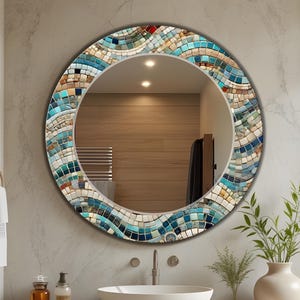 Espejo de pared con marco que simula una ola azul de piedra. Arte abstracto en vidrio templado para pared / Un regalo que transmite buena vibra