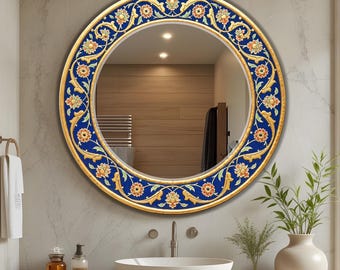 Circular Mirror, Large Vintage Look Floral framing Round Mirror, Dark Blue and Golden Frame, Old Fashion Wall Art as Retro Mirror