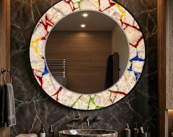 Aangepaste wandspiegel, luxe ronde spiegel, natuurlijke quartz frame look glazen wandspiegel, kleurrijke marmeren kunstlook | Vlakglaskunst met spiegel