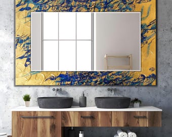 Arabic Calligraphy Mirror, Blue and Gold Abstract as Persian Art with Mirror | Wall Art with Mirror on, For Entryway Hallway