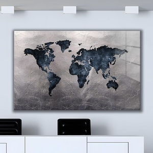 Décoration murale carte du monde bleu foncé sur verre trempé - Grandes cadeaux premium
