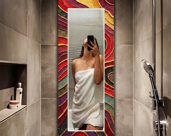 Long Bathroom Mirror, Colorful Abstract Gold Glass Art with Mirror, Vivid Home Decor | Wall Art with Mirror on, For Entryway Hallway