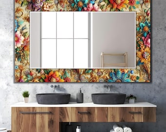 Decorative Wall Mirror, Colorful Floral Abstract Art 3D look Tempered Glass Wall Art with Mirror on | Best Creative Home Gift Idea