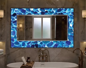 Espejo grande personalizable, espejo con marco abstracto de piedra azul, espejo con marco con aspecto de piedras, espejo con marco abstracto: espejos 100% de cristal.