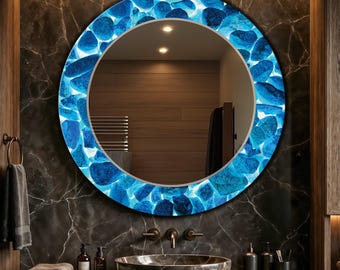 Espejo personalizable, espejo con marco abstracto azul, espejo con marco que parece de piedras, espejo con marco abstracto: espejos redondos 100% de cristal.