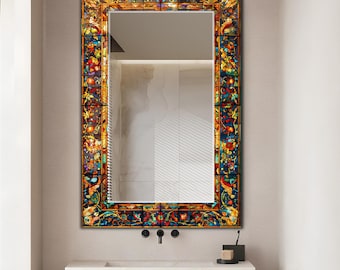 Espejo de lujo personalizable, espejo grande de entrada, con aspecto de vitral, espejo de pared de vidrio abstracto floral/arte de vidrio plano con espejo