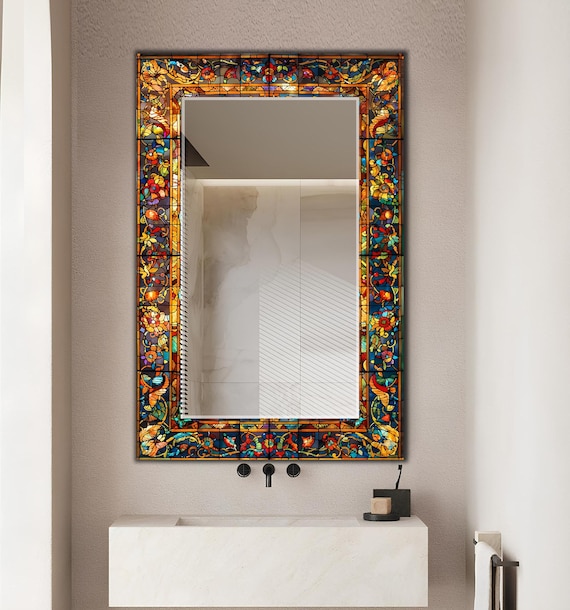 Customizable Luxury Mirror, Entrance Large Mirror, Stained Glass Look, Floral Abstract Glass Wall Mirror | Flat Glass Art with Mirror