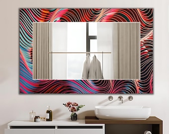 Lustro z możliwością personalizacji, lustro z ruchomą, abstrakcyjną ramą ze szkła, geometryczne, abstrakcyjne lustra, duże lustro ścienne | Płaskie szkło artystyczne z lustrem na
