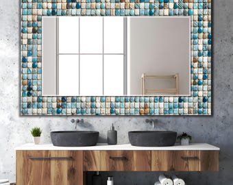 May include: A rectangular wall mirror featuring a decorative frame composed of small, square, and rounded mosaic tiles in shades of blue, turquoise, beige, and white. The mirror surface reflects a window and a wooden shelf structure.