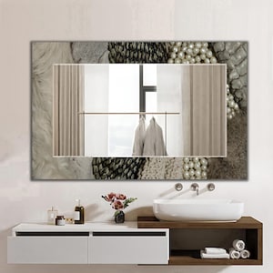 Espejo de lujo, espejo de cristal con estampado de perlas y pitón, arte mural maximalista de textura neutra, decoración para el hogar en blanco y negro.