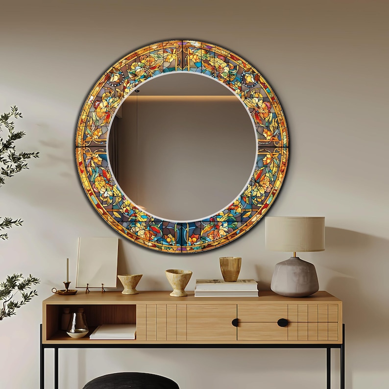 Round Mirror, Luxury Large Mirror, Stained Glass Look, Floral Abstract ...