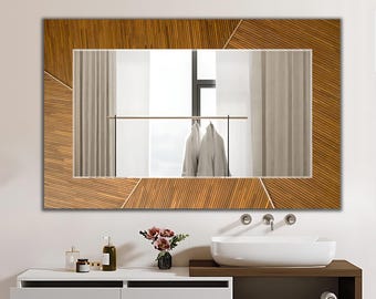 Espejo con marco de madera personalizable, espejo con marco de cristal, espejos con marco geométrico abstracto, espejo de pared grande / arte de cristal plano con espejo