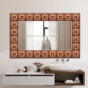 Horizontal Mirror, Red and Gold Ceramic Tile Look Framing Mirror,  Red Floral Abstract Large Glass Wall Art with Mirror on | 100% Glass