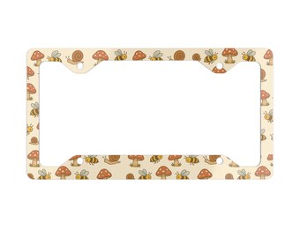 Nature License Plate Frame, Bees Snails Mushroom, Car Tag Holder, Garden Lover Gift, Insect Decor, Outdoor Vehicle Accessory